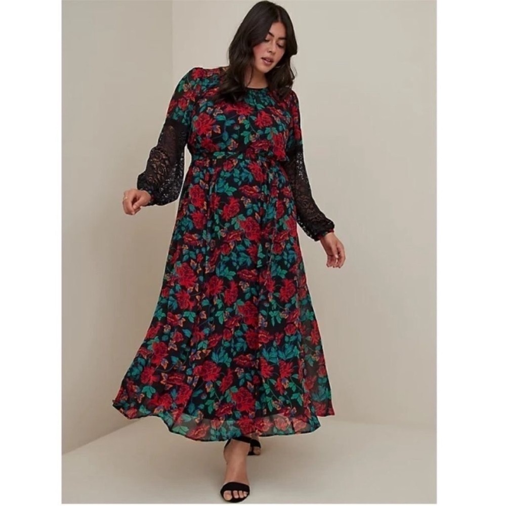 Torrid 2X Floral Maxi Dress with Lace Sleeves. - Picture 3 of 12